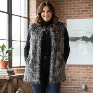 MBLM Torrid Gray & Black Striped Shaggy Faux Fur Vest - Plus Size 0 (L/XL)
